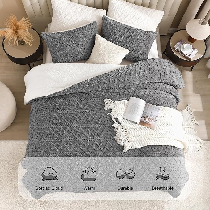 Andency Fluffy Sherpa Queen Comforter Set Grey, Super Soft Gray Fleece Warm Bedding for Winter, Luxury Jacquard Boho Thick Fuzzy Plush Bed Set 3 Pieces(1 Shaggy Comforter, 2 Pillowcases)