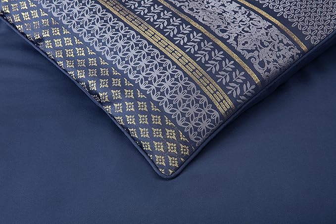 Chezmoi Collection Rio 7-Piece King Jacquard Comforter Set - Blue Gold Floral Geometric Damask Woven Bedding Set