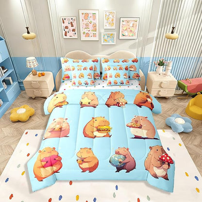 Erosebridal Funny Capybaras 7 Pieces Bedding Set Full,Capybara Lover Bed in a Bag,Cartoon Rodents Bed Set Includes Comforter,Sheet Set,Pillowcases & Pillow Covers,Blue Khaki Capybara Bedroom Decor