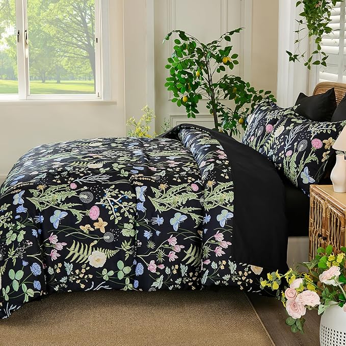 Yiran Black Green Floral Comforter Set Queen Size, 7 Piece Botanical Comforter Bedding Set, Farmhouse Bed in a Bag, Soft Microfiber Complete Bedding Set with Sheets for All Season