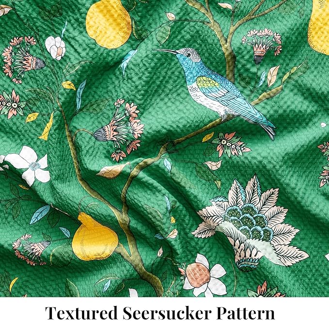 MUSSEL Green Bedding King Comforter Set 3 Pieces,Vintage Botanical Floral Pattern Bed Comforter Sets,Boho Whimsical Modern Printed Design Cute Seersucker Bedroom Comforter and Shams