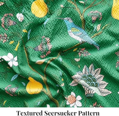 MUSSEL Queen Size Comforter Set 3 Pieces,Green Vintage Botanical Floral Pattern Bedding Comforter Sets,Boho Whimsical Modern Printed Design Cute Seersucker Bedroom Comforter and Shams