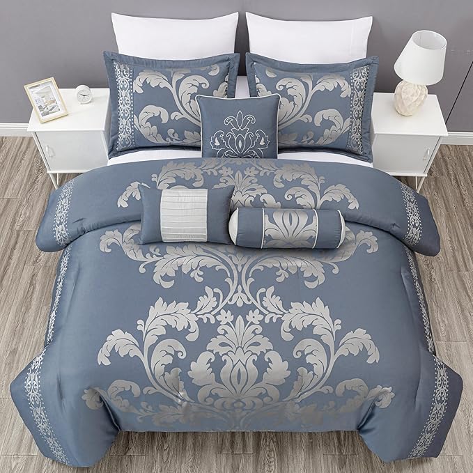 Chezmoi Collection Royale 7-Piece Jacquard Floral Comforter Set, King, Grayish Blue/Gray