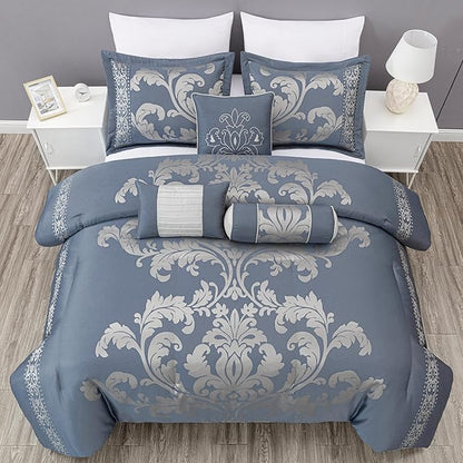 Chezmoi Collection Royale 7-Piece Jacquard Floral Comforter Set, Queen, Grayish Blue/Gray