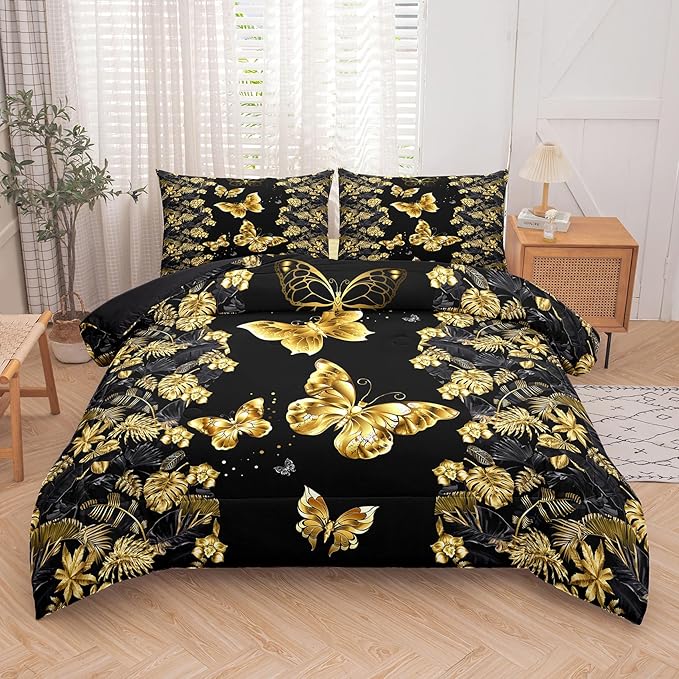 Tailor Shop Black and Gold Comforter Set Twin Size for Girls Kids Boys Women,Butterfly Bedding Gold Butterflies Bed Sets with 1 Pillowcases…