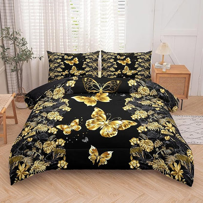 Tailor Shop Black and Gold Comforter Set King Size for Girls Kids Boys Women,Butterfly Bedding Gold Butterflies Bed Sets with 2 Pillowcases…