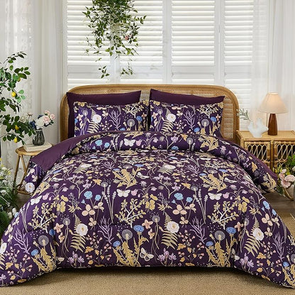 Yiran Purple Floral Comforter Set Queen Size, 7 Piece Botanical Comforter Bedding Set, Farmhouse Bed in a Bag, Soft Microfiber Complete Bedding Set with Sheets for All Season