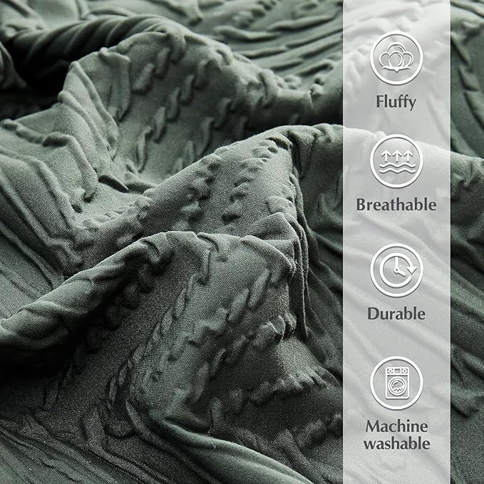 Geniospin Queen Comforter Set - 7 Pieces Dark Green Bedding Set, Botanical Textured Comforter Bed Set, All Season Lightweight Bed in a Bag with Comforter, Sheets, Pillowcases & Shams