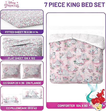 Jay Franco Kids Comforter Set Includes Sheets and Pillow Covers - Soft and Cozy Bed Set for Stylish Room Decor, Pink - Disney Princess, 7 Piece King Bedding