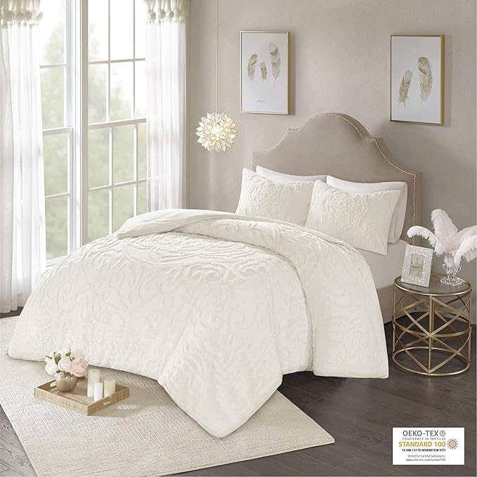 Madison Park Laetitia Comforter Bohemian Tufted Cotton Chenille, Medallion Shabby Chic All Season Down Alternative Bed Set with Matching Shams, Floral Off White Twin/Twin XL(68"x92") 2 Piece