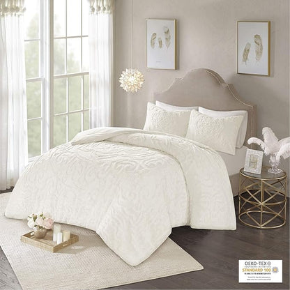 Madison Park Laetitia Comforter Bohemian Tufted Cotton Chenille, Medallion Shabby Chic All Season Down Alternative Bed Set with Matching Shams, Floral Off White Twin/Twin XL(68"x92") 2 Piece
