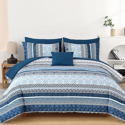 Boho Comforter Set King Size,8 Pieces Navy Blue Bohemian Striped Bed in a Bag,Paisley Soft Microfiber Bedding Comforter Set