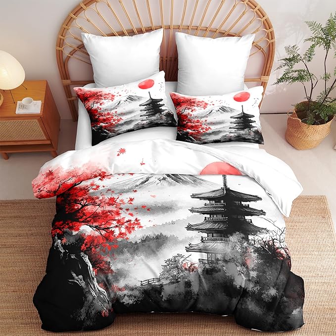Japanese Style Botanical Comforter Set Twin Size, 2 Pieces Classical Architecture Art Painting Lightweight Summer Comforter with 1 Pillow Case, Ultra Soft Microfiber Bedding Set(68" X 86")