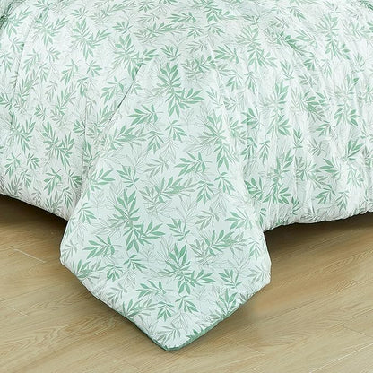 Chezmoi Collection Venus 3-Piece Floral Leaves Comforter Set Full - Green White Leaves Printed Microfiber Lightweight Bedding Set for All Season
