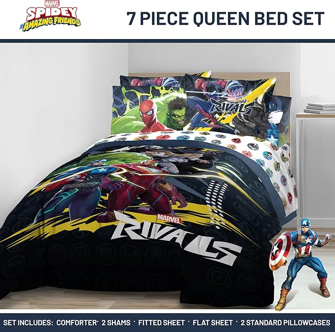 Jay Franco Kids Comforter Set Includes Sheets and Pillow Covers - Soft and Cozy Bed Set for Stylish Room Decor, Official Licensed Bedding, Multi - Marvel Rivals, 7 Piece Queen