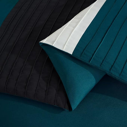 Chezmoi Collection Briar 7-Piece California King Bed in a Bag - All Season Lightweight Microfiber Comforter Set - Includes Sheets & Shams - Teal/Black/White Pleated Stripe Design