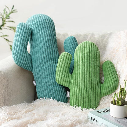 AELS Set of 2 Cactus Decorative Throw Pillows, 22"&14" Corduroy Striped Cactus Plush Pillow Set, Office Nap Pillow, Cute Succulent Throw Pillow for Nursery Bedroom Room Decor, Blue Green & Grass Green