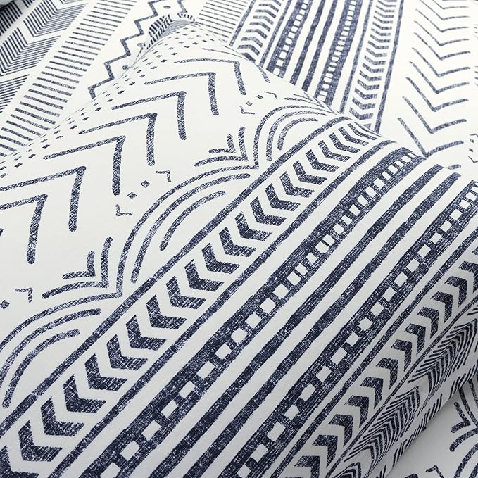 Lush Decor Hygge Geo Reversible 3 Piece Cotton Duvet Set, King, Navy & White