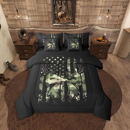 Erosebridal Camouflage King Comforter Set Antlers 7-Piece Bed in A Bag Elk Deer Bow Bowknot American Flag Military Sheets and Pillowcases Black Green Bed Sets