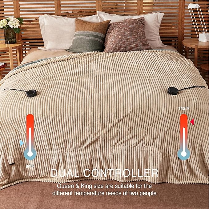 Heated Blanket Queen Size 84"x90",ETL Certification-6 Heating Levels Electric Blanket&1-10 Hour Auto Off,Heating Blanket with Dual Controller(Beige)