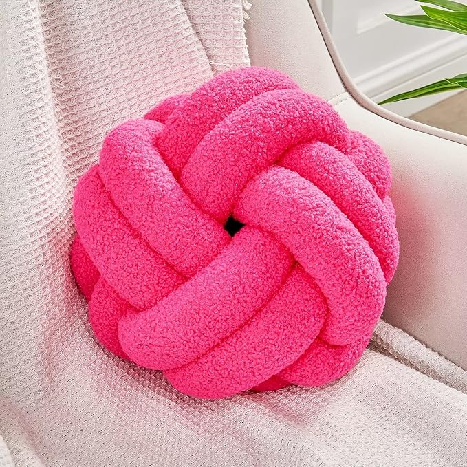 Uvvyui Knot Pillow Ball, Soft Hot Pink Home Decor Knotted Pillows, Handmade Round Plush Throw Pillow, Aesthetic & Cute Large Decorative Pillows for Bed, Floor, Couch, Bedroom Home Decor 8 inches