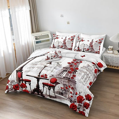 Paris Comforter Set 8 Pcs Red Rose Bedding Set Eiffel Tower Retro France Comforter Red Butterfly Romantic French Bed Comforter King Bed in A Bag