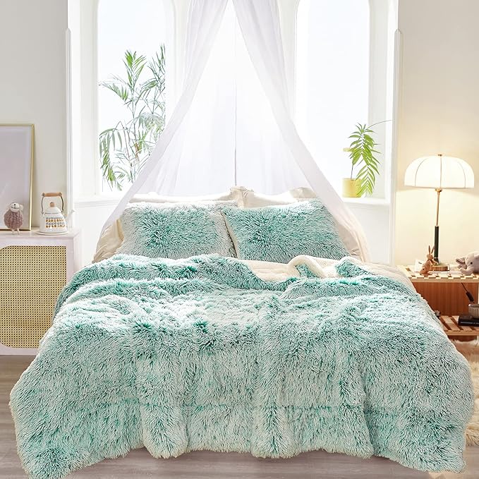 Joyreap 3-Piece Plush Shaggy Comforter Set, Twin Size Luxury Faux Fur Sherpa Reversible Bedding Comforter Set, Ultra Cozy Warm Fluffy Bedding Set for Winter (Aqua Green n White, 68x86 inches)