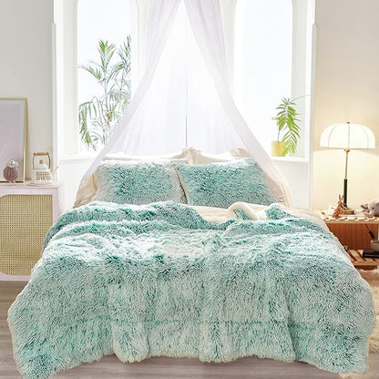 Joyreap 3-Piece Plush Shaggy Comforter Set, Twin Size Luxury Faux Fur Sherpa Reversible Bedding Comforter Set, Ultra Cozy Warm Fluffy Bedding Set for Winter (Aqua Green n White, 68x86 inches)