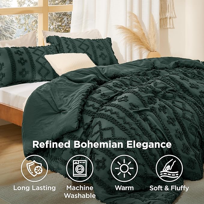 Bedsure Tufted Boho Comforter Set King Size - Dark Green Boho Bed Set, GentleSoft™ 3 Pieces Farmhouse Shabby Chic Embroidery Bedding, Gifts for Woman, Soft Jacquard King Comforter for All Seasons