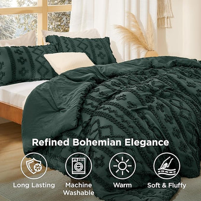 Bedsure Tufted Boho Comforter Set Queen Size - Dark Green Boho Bed Set, GentleSoft™ 3 Pieces Farmhouse Shabby Chic Embroidery Bedding, Gifts for Woman, Soft Jacquard Queen Comforter for All Seasons