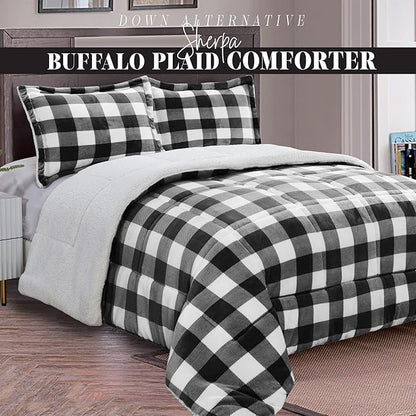 Elegant Comfort 3-Piece Buffalo Lodge-Plaid Comforter Set, Luxurious, Heavyweight, All Season, Down Alternative-Micromink Sherpa-Backing Reversible Micro-Suede, Soft and Plush, Full, Black/White