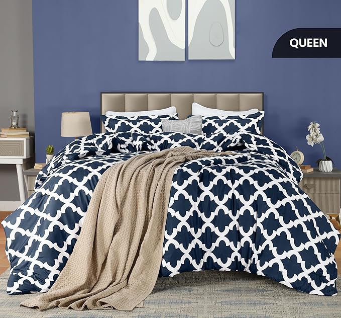 Queen Comforter Set 3 Piece Navy by Utopia Bedding, Printed Comforters Queen Size, Bedding Comforters Sets, Down Alternative Soft Bed Set, 1 Comforter (88 x 88 inches) 2 Pillow Shams (20 x 26 inches)