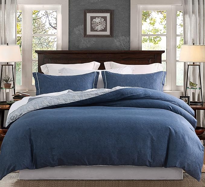 SLEEPBELLA Comforter King Size, 600 Thread Count Cotton Navy & Grey Leaves Reveisible Comforter Sets, Down Alternative Bedding Set 3Pcs(King, Navy&Blue Leaves)