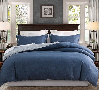 SLEEPBELLA Comforter King Size, 600 Thread Count Cotton Navy & Grey Leaves Reveisible Comforter Sets, Down Alternative Bedding Set 3Pcs(King, Navy&Blue Leaves)