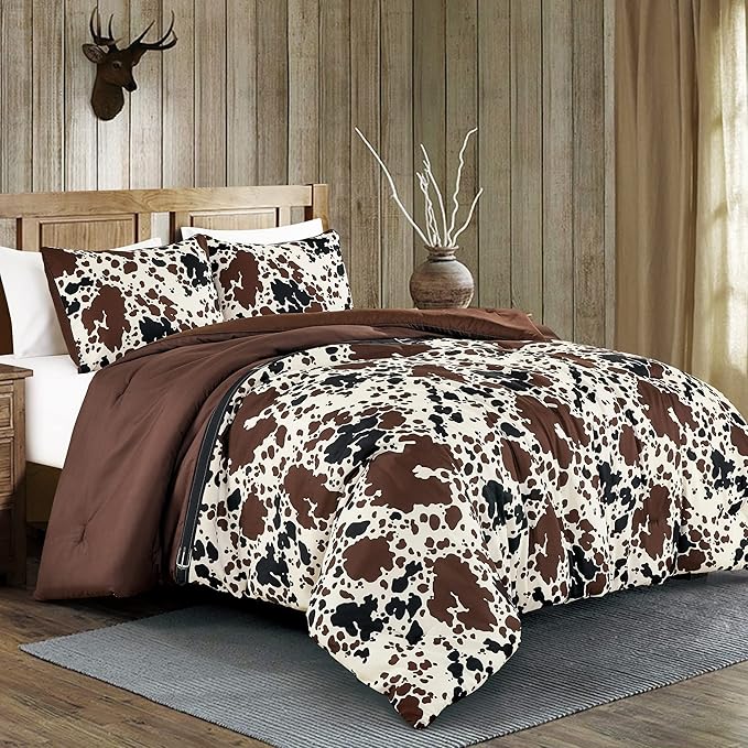Cow Print Comforter King Size Western theme cowboy Comforter Set Milk Cow Print brown black cream color ranch farmhouse rustic lodge Bedding Set Reversible matching pillow shams included (King)