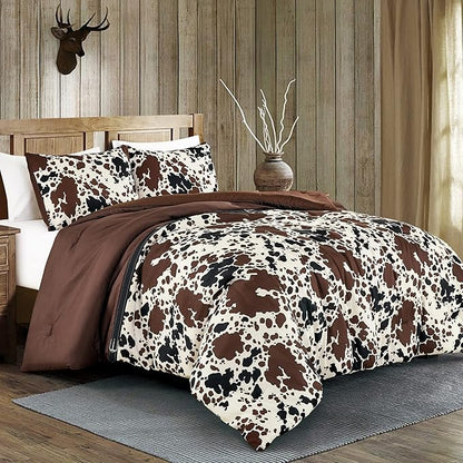 Cow Print Comforter King Size Western theme cowboy Comforter Set Milk Cow Print brown black cream color ranch farmhouse rustic lodge Bedding Set Reversible matching pillow shams included (King)