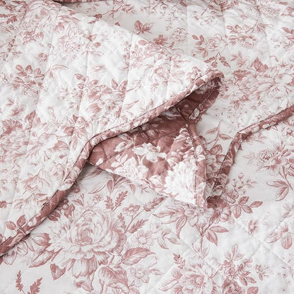 Lush Decor Peony Toile Reversible Cotton Quilt 3 Piece Set Full/Queen Rosewood - Floral Quilt - Pink Bedding Set - Scalloped Edge - Coquette Decor