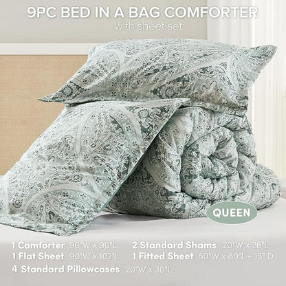 Comfort Spaces Bed in A Bag Comforter Set - Trendy Casual Design Queen Comforter with Complete Sheet Set with Side Pocket, All Season Comforter, Shams, Gloria, Queen Green 9 Piece