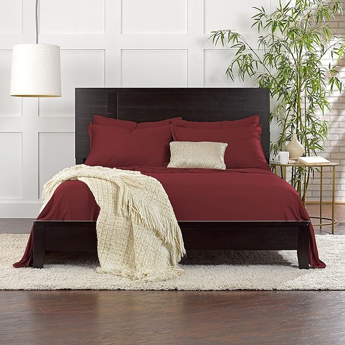 Pure Bamboo Queen Sheets, Genuine 100% Organic Viscose Derived from Bamboo Bed Sheet Set, Luxuriously Soft & Cooling, Double Stitching, 2 Year Quality Promise (Queen, Merlot)