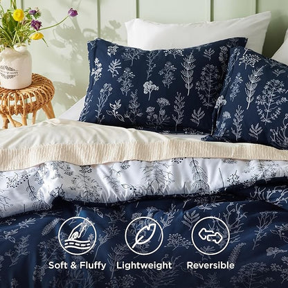Bedsure Twin/Twin XL Comforter Set - Navy Bed Set, 2 Pieces Cute Floral Bedding, 1 Soft Reversible Botanical Flowers Comforter and 1 Pillow Sham