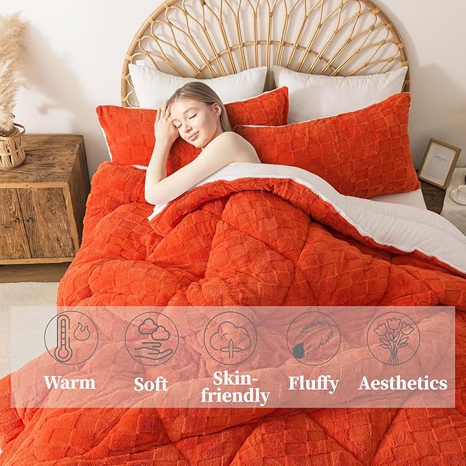 ELNIDO QUEEN® Fluffy Comforter Set King, Burnt Orange Winter Fleece Comforter Ultra Soft & Extra Pluffy Plush Comforter Set, Cozy Fuzzy Bed Comforter 3 Pieces (1Comforter, 2 Pillowcases),102x90 inch