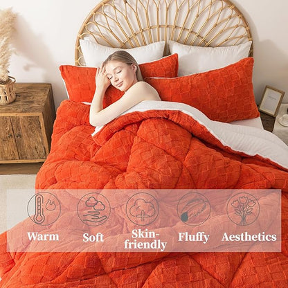 ELNIDO QUEEN® Fluffy Comforter Set King, Burnt Orange Winter Fleece Comforter Ultra Soft & Extra Pluffy Plush Comforter Set, Cozy Fuzzy Bed Comforter 3 Pieces (1Comforter, 2 Pillowcases),102x90 inch