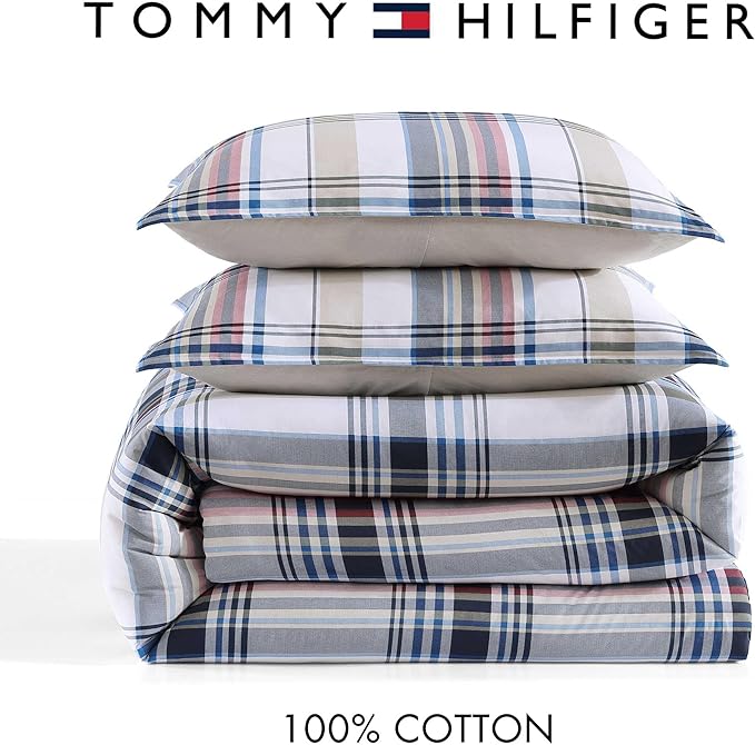 Tommy Hilfiger - Full/Queen Comforter Set, Cotton Textured Bedding with Matching Shams, Medium Weight Bed Set, Oeko-TEX Certified (Waterbury Plaid Blue)