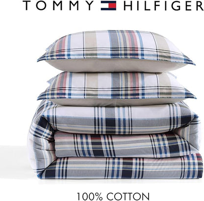 Tommy Hilfiger - Twin/Twin XL Comforter Set, Cotton Textured Bedding with Matching Sham, Medium Weight Bed Set, Oeko-TEX Certified (Waterbury Plaid Blue)