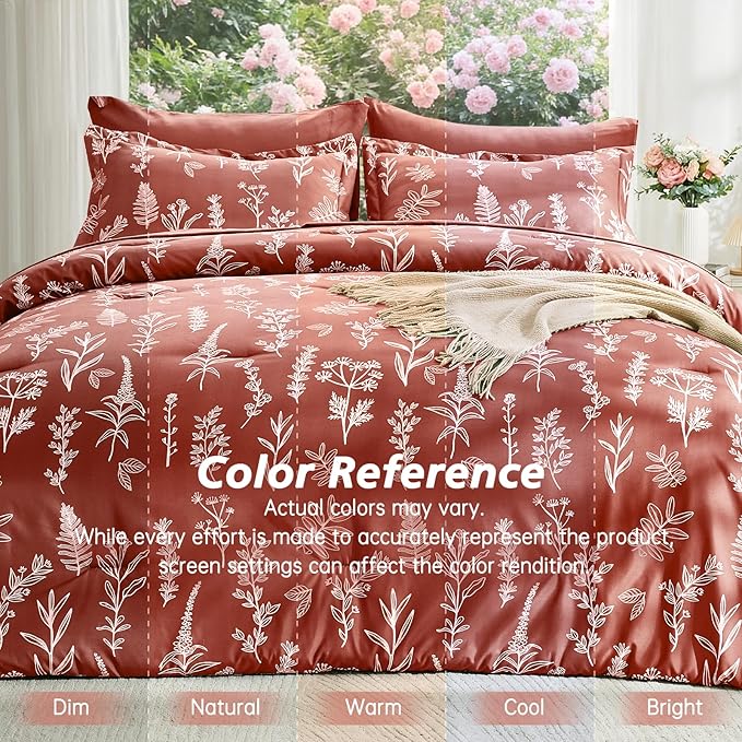 MUXHOMO Brown King Comforter Set, Elegant Floral Print Bed in a Bag 7 Pieces, Ultra Soft & Breathable Reversible Botanical Pattern Bedding Set with Comforter, Sheets, Pillowcases, and Shams