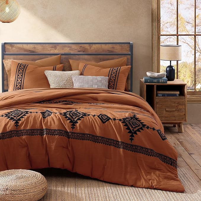 MaiRêve Super King Comforter Set Burnt Orange, Embroidery Western Boho Bedding Set 7 Pieces, All Season Farmhouse Bed in A Bag Comforter Set with Sheets, Pillowcases & Shams