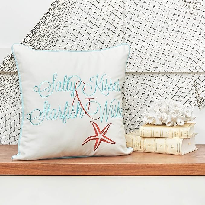 C&F Home Salty Kisses Starfish Wishes Embroidered Cotton Accent Throw Pillow 18" x 18" All Seasons Summer Beach House Inspirational Quote Coastal Home Living Room Sofa Couch Chair Bed Bedroom Decor