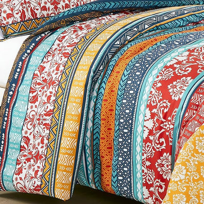 Chezmoi Collection Amara 2-Piece Boho Stripe Twin Comforter Set - Floral Colorful Bohemian Printed Microfiber Lightweight Bedding Set