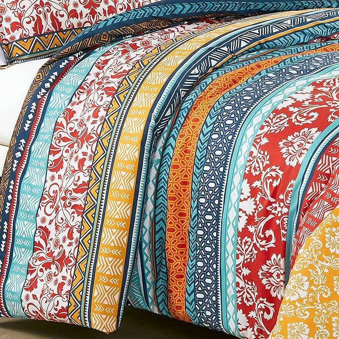 Chezmoi Collection Amara 3-Piece Boho Stripe Queen Comforter Set - Floral Colorful Bohemian Printed Microfiber Lightweight Bedding Set