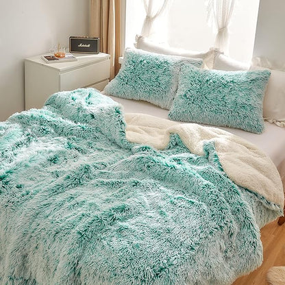 Joyreap 3-Piece Plush Shaggy Comforter Set, Full/Queen Size Luxury Faux Fur Sherpa Reversible Bedding Comforter Set, Ultra Cozy Warm Fluffy Bedding Set for Winter (Aqua Green n White, 88x88 inches)